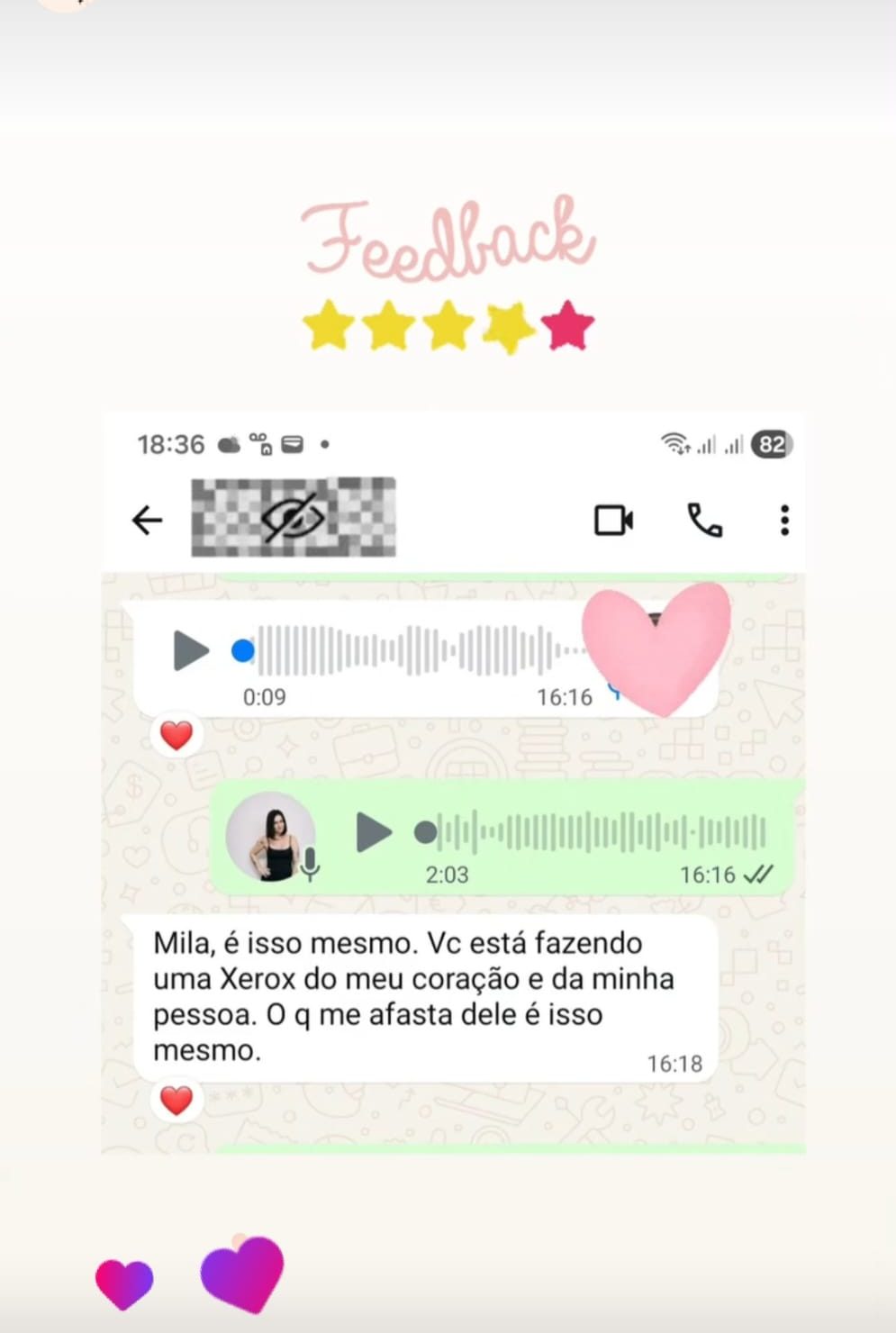 Depoimento de cliente sobre o atendimento da Mila